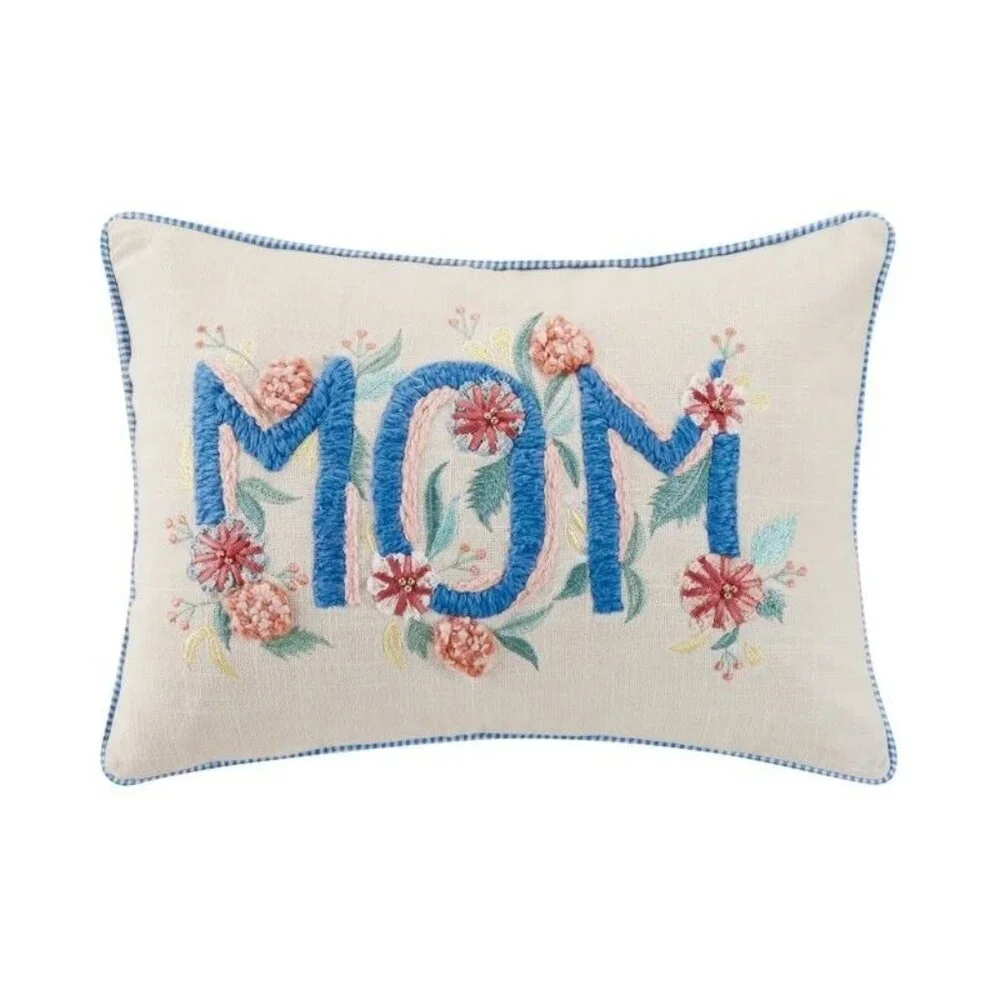 Embroidered Cotton Throw Pillow - Mom